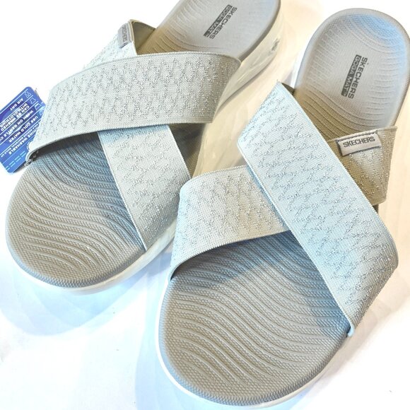 Women’s Silver Sandals Skechers Size 12 Comfort Summer Shoes Slip On Memory Foam - Picture 3 of 4
